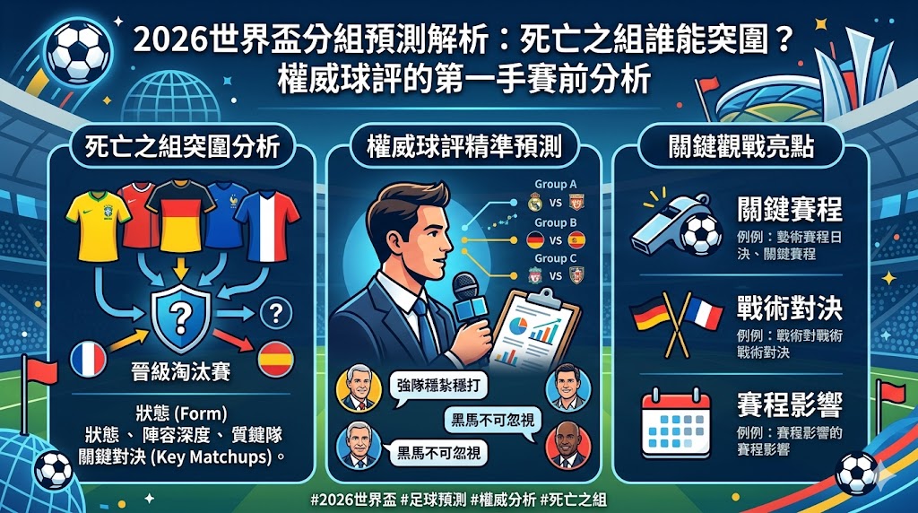 2026 年世界盃隨著參賽隊伍擴軍至 48 支,全新的分組形勢與賽制解析成為全球球迷的關注焦點。權威球評針對 12 個小組進行首手賽前分析,特別鎖定由法國、塞內加爾與挪威組成的「死亡之組」I 組,探討姆巴佩與哈蘭德的夢幻對決如何影響晉級路徑。而在 C 組中,五冠王巴西將面臨 2022 年黑馬摩洛哥與硬骨頭蘇格蘭的挑戰,突圍難度不容小覷。分析指出,在「小組前二名及八個最佳第三名」皆可晉級 32 強的新制下,傳統強隊的容錯率雖提高,但中段班球隊的混戰將更加劇烈。本解析將深入剖析各組實力落差、主辦國美加墨的地理優勢,以及可能爆冷的黑馬潛力股,協助玩家與球迷精準掌握小組賽走勢,從專業視角預判誰能殺出重圍,問鼎淘汰賽階梯。 2026 年世界盃隨著參賽隊伍擴軍至 48 支,全新的分組形勢與賽制解析成為全球球迷的關注焦點。權威球評針對 12 個小組進行首手賽前分析,特別鎖定由法國、塞內加爾與挪威組成的「死亡之組」I 組,探討姆巴佩與哈蘭德的夢幻對決如何影響晉級路徑。而在 C 組中,五冠王巴西將面臨 2022 年黑馬摩洛哥與硬骨頭蘇格蘭的挑戰,突圍難度不容小覷。分析指出,在「小組前二名及八個最佳第三名」皆可晉級 32 強的新制下,傳統強隊的容錯率雖提高,但中段班球隊的混戰將更加劇烈。本解析將深入剖析各組實力落差、主辦國美加墨的地理優勢,以及可能爆冷的黑馬潛力股,協助玩家與球迷精準掌握小組賽走勢,從專業視角預判誰能殺出重圍,問鼎淘汰賽階梯。